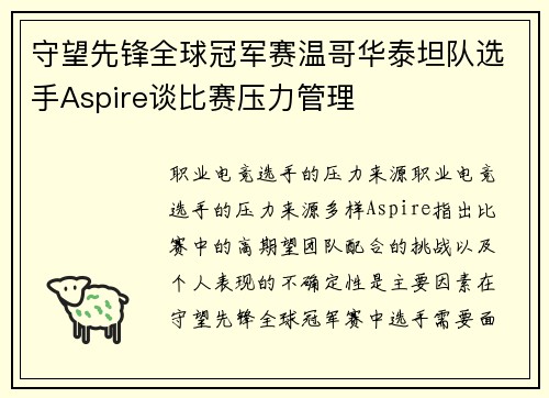 守望先锋全球冠军赛温哥华泰坦队选手Aspire谈比赛压力管理